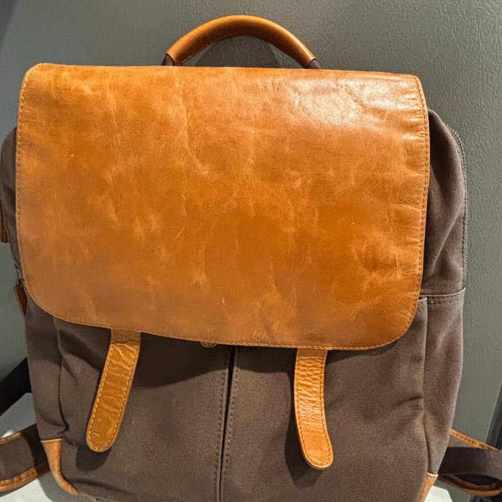 Jos A. Bank Genuine Leather & Canvas Backpack – Brown/Tan, Buckle-Flap